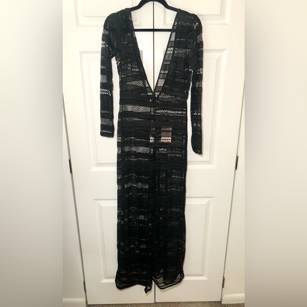 NWT Missguided Black Jersey Crochet Wide Leg Jumpsuit Swim Cover Up Size US8
